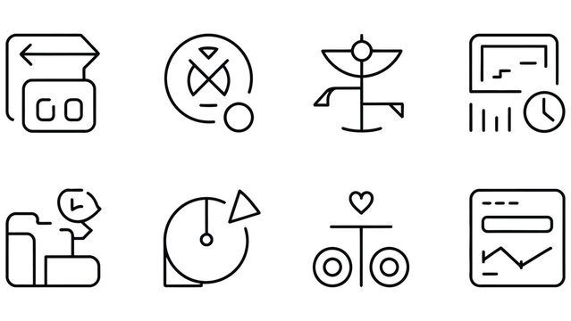Collection of modern black line icons for business and technology on white background