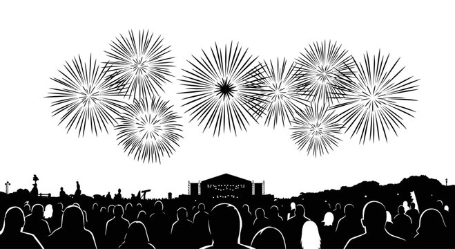 Silhouette of a crowd watching a vibrant fireworks display at night.