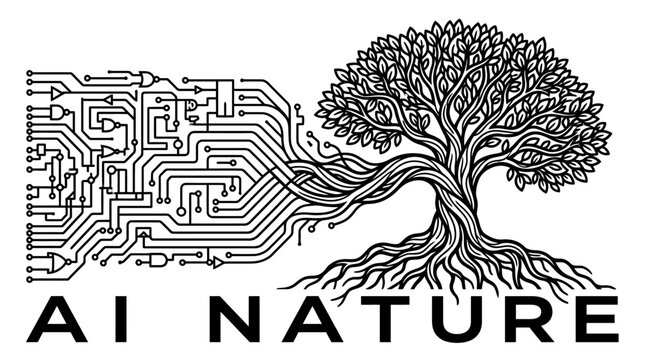 Abstract illustration of a tree merging with electronic circuit board lines.