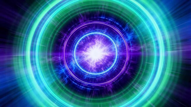 Abstract vortex tunnel with glowing blue rings and bright center core