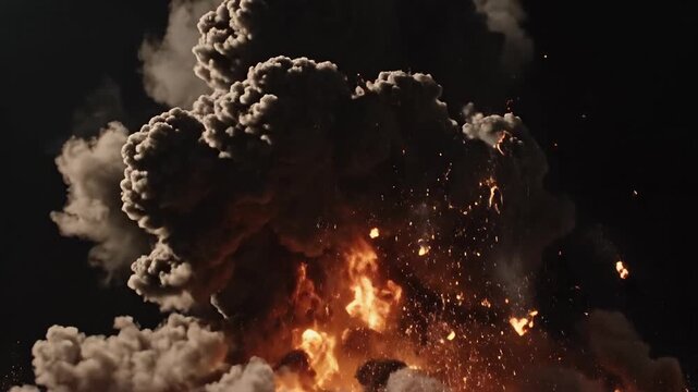 Ledakan Besar dengan Asap Tebal. Gambar menampilkan ledakan besar di permukaan tanah dengan semburan api terang dan gumpalan asap hitam pekat yang membubung tinggi, cocok untuk kebutuhan visual bertem