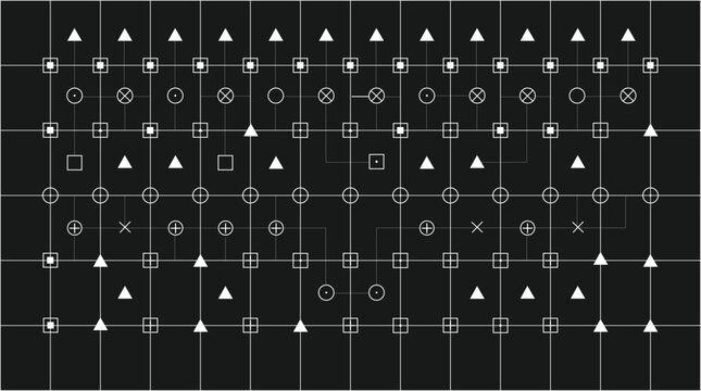 Abstract geometric grid with interconnected symbols and lines representing network or data flow