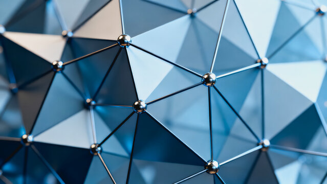 This 3D rendered abstract visualization features a low-poly geometric mesh network of connected triangles and metallic nodes, showcasing digital connection and data systems.