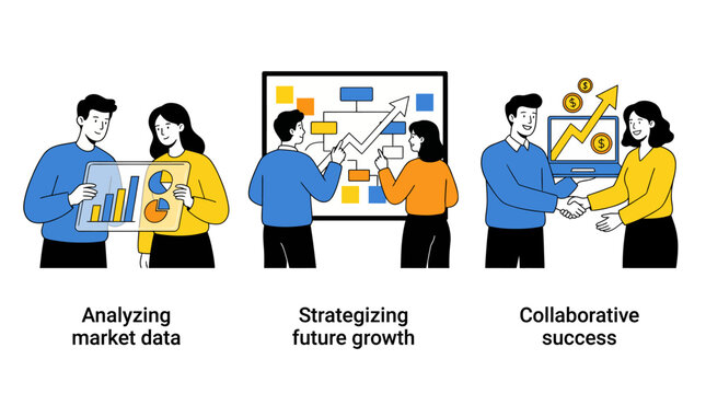 This vector image showcases professionals analyzing market data, strategizing for growth and demonstrating collaborative success in achieving business objectives effectively.