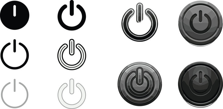 Power button icon vector set featuring flat outline and realistic 3D glossy black metallic switch controls for electronic device interface isolated on white background.