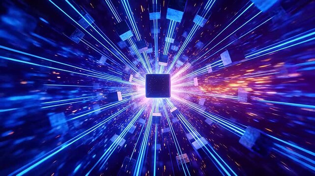 Futuristic technology scene with glowing square core and floating cubes in virtual space