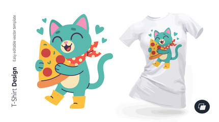Naklejka premium A playful cartoon cat joyfully cuddling a slice of pizza, showcasing vibrant colors and an inviting, cheerful design ideal for apparel printing and casual wear.