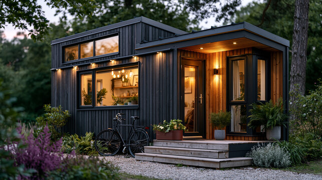 Tiny home exterior at summer solstice dusk, warm light spilling from a single wide window, a bicycle leaning on the clapboard wall, a container garden on the front step, long shadows stretching acro