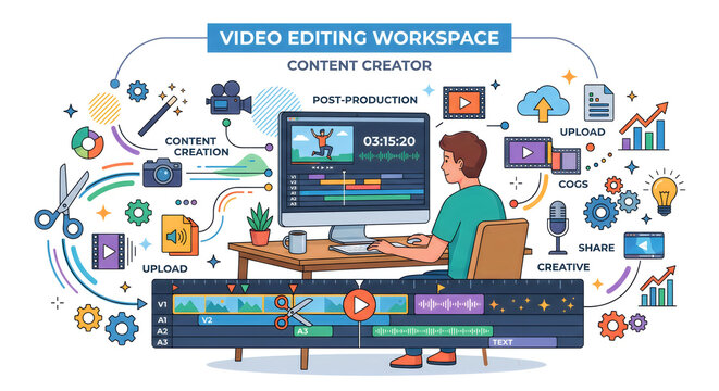 Video editing workspace depicts a content creator using professional software tools to produce high-quality digital media for online platforms.