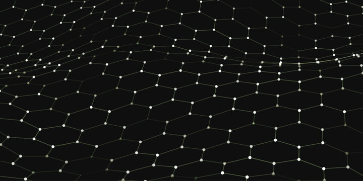 A monochrome hexagonal grid spreads out in the darkness, maintaining a strict rhythm and order. A futuristic hexagonal background. Honeycomb patterns create a sense of hidden structure and