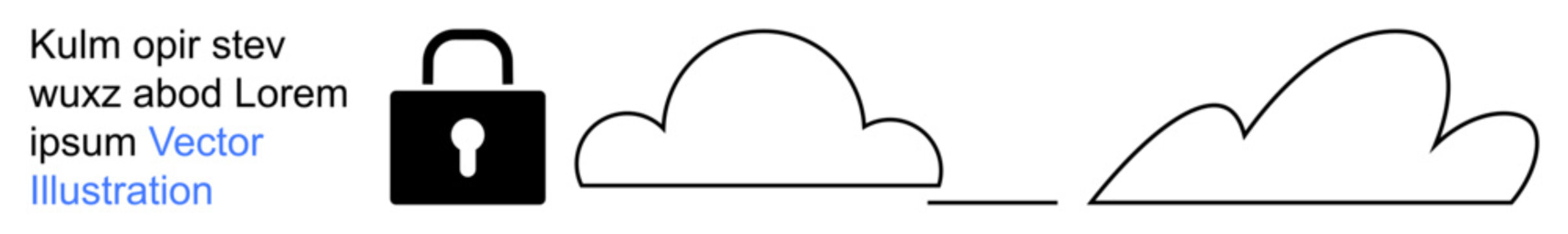 Data protection, cybersecurity, cloud computing, online privacy, secure storage, technology solutions. Black padlock and minimalistic cloud shapes. Data protection and cybersecurity