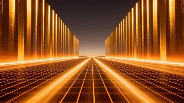 Futuristic corridor with vertical golden pillars and grid floor perspective