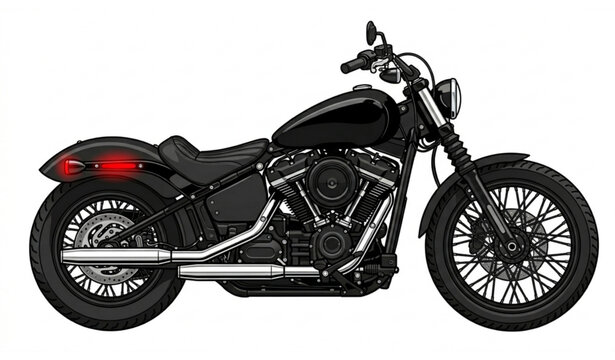  Black and white cruiser motorcycle vector with chrome details and red taillight isolated design