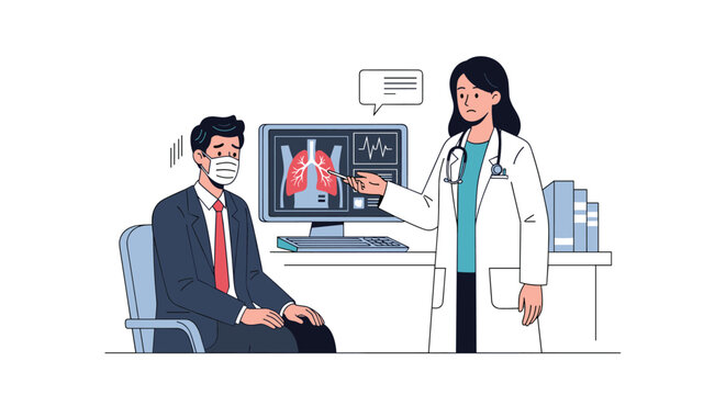 Female doctor in a white coat explains results on a lung X-ray monitor to a concerned male patient wearing a face mask in a medical office.