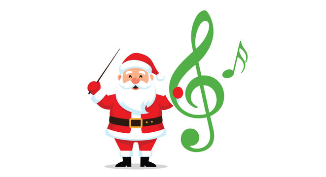 Cheerful Santa Claus holds a conductor's baton next to a large green musical treble clef and floating notes on a clean white background.