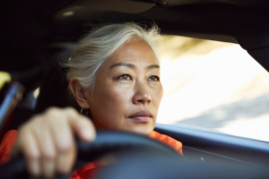 Mature woman gazing determined while driving through landscape