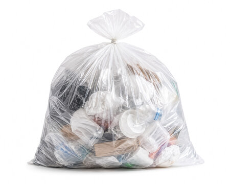 Overflowing transparent garbage bag filled with mixed household waste on white background