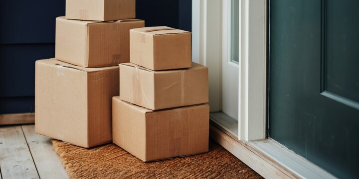 Multiple cardboard boxes stacked by doorstep on wooden porch
