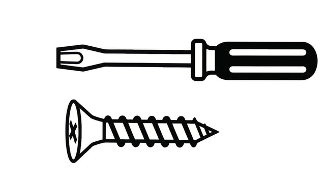 Flathead Screwdriver and Phillips Head Screw Minimalist Illustration - Black and White Line Art Icon for DIY, Hardware, Home Repair and Construction Projects