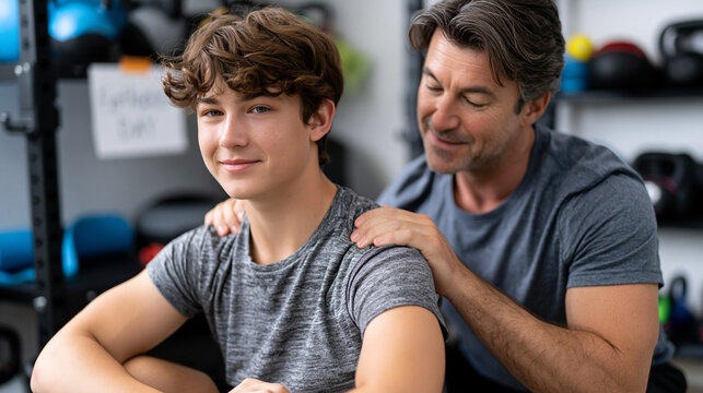 Father and teenage son doing a home gym workout side by side, son learning the squat form, father's hands gently correcting posture, a Fathers Day card taped to the wall rack visible in background, 