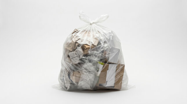 Shredded paper waste in clear plastic recycling bag isolated on white