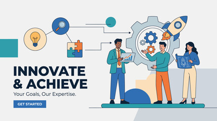 Fototapeta premium This vibrant illustration showcases three professionals collaborating to achieve innovative business goals, featuring gears, charts, and a rocket as symbols of growth and success.