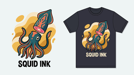 A vibrant and stylish octopus character holding a squid ink symbol, ideal for unique apparel, showcasing creativity and oceanic themes in a playful manner. © James