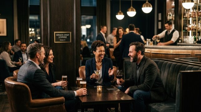 A group of people sitting at a bar, enjoying drinks and conversation.