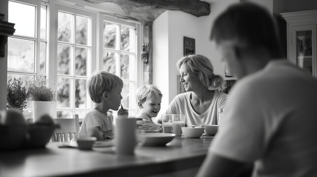 A mother shares a joyful moment with her two young sons at a kitchen table during breakfast.