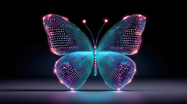 Futuristic Digital Butterfly with Neon Lights and Glowing Dots on Dark Background