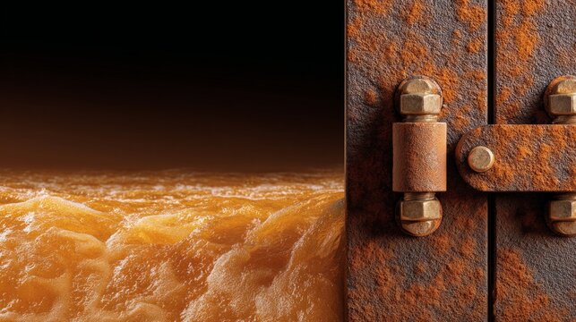 Close-up of rusty metal hinge with turbulent muddy water background