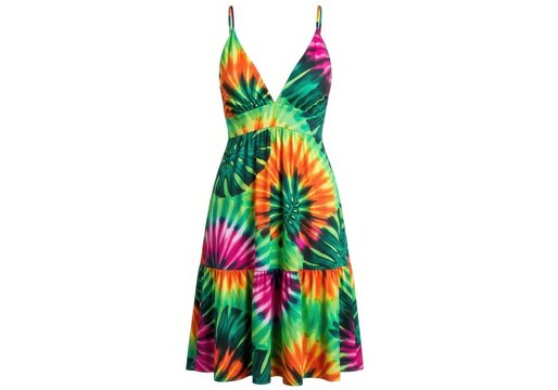 Vibrant tie-dye dress with a halter neckline and vibrant swirling patterns