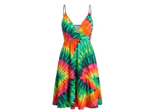 Vibrant tie-dye mini dress with spaghetti straps and a flattering fit