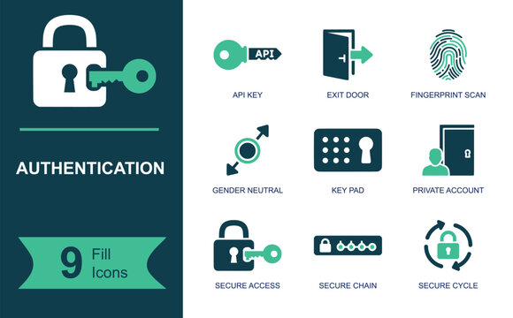 Authentication api icon set. Containing api token, frequent sign in, private account, secure access, identity validation, key protection and more. Solid fill vector icons collection.