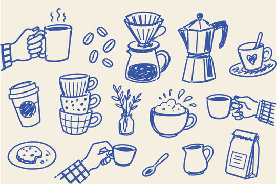 Coffee Cups and Brewing Methods Doodle Sketch Set Vector