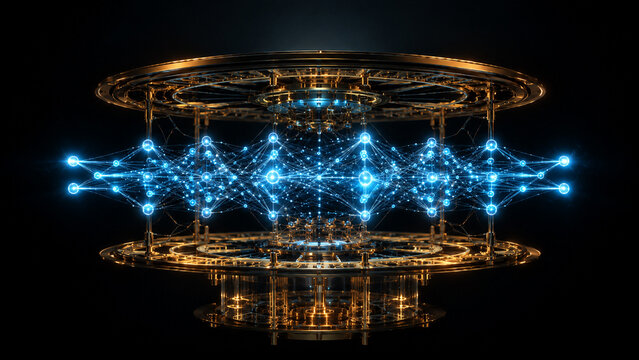 Quantum neural network architecture with luminous interconnected nodes suspended between ornate golden rings illustrating advanced AI computing infrastructure