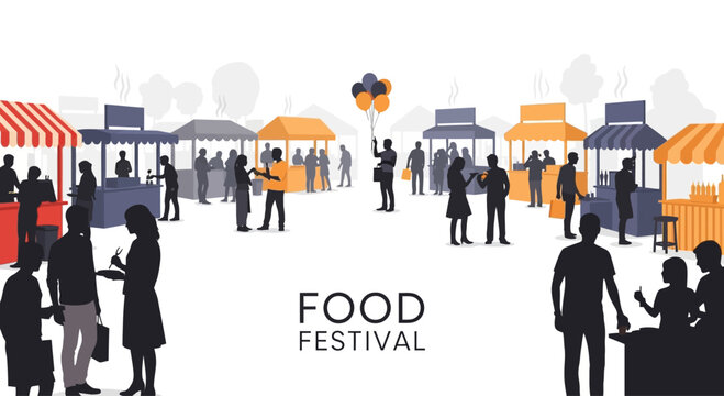 Silhouettes of people at a vibrant outdoor food festival market stalls.