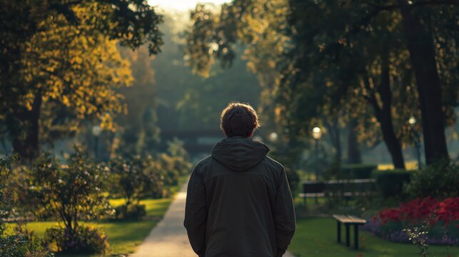 A person in a dark jacket walks alone down a sunlit park path surrounded by trees and greenery in the late afternoon.