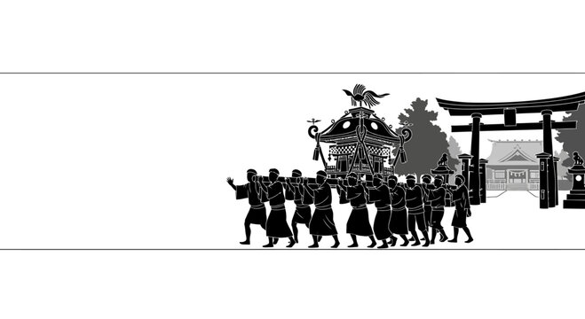 Silhouette of Japanese people carrying a portable shrine during a traditional festival.