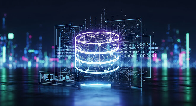 Futuristic digital data storage icon showcasing glowing interface elements with luminous database symbol amidst a high-tech cyber environment representing cloud computing and virtual networking