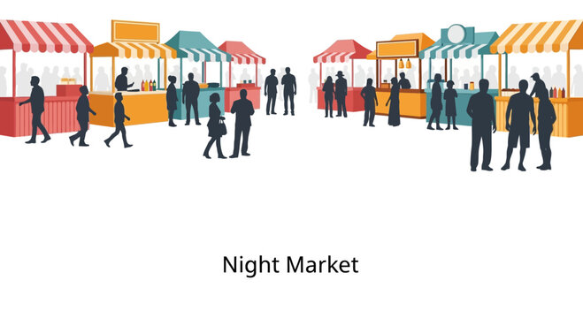 Vibrant Night Market Scene with Colorful Stalls and Crowds of People.