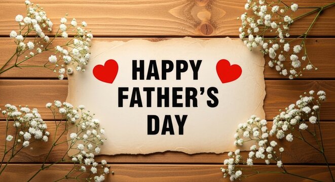 Happy father's day card with baby's breath on wood background