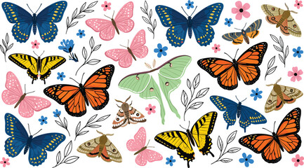 Colorful butterfly and moth collection with floral decorative elements for whimsical nature themed vector compositions © MDSabbir