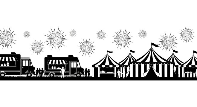 Black and white silhouette illustration of a festive fairground with food trucks and tents.