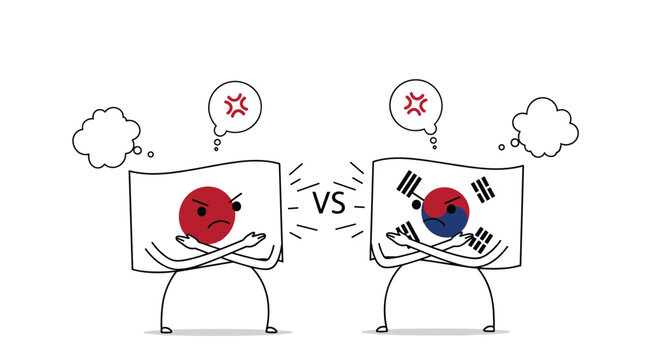 Cartoon personifications of the Japanese and South Korean flags look at each other with angry expressions and crossed arms in a confrontation.
