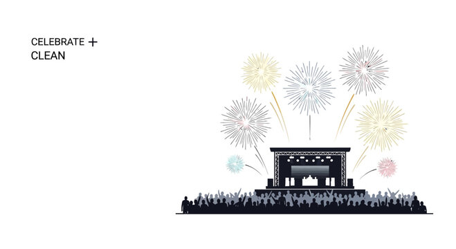 Silhouette illustration of a music concert stage with a crowd and fireworks.