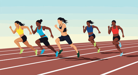 Fototapeta premium Group of five diverse female athletes in colorful sports gear compete in a sprint race on a professional running track under a clear sky.