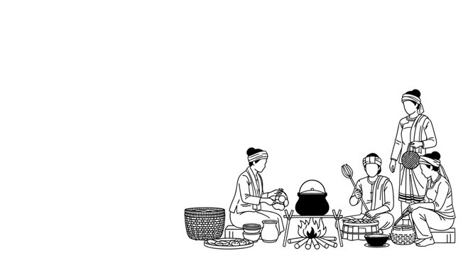 Group of indigenous people cooking traditional meal over open fire.