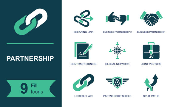 Partnership icon set. Containing business alliance, teamwork connection, contract agreement, collaboration support, network growth, trust relationship and more. Solid fill vector icons collection.