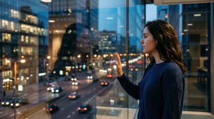 Fototapeta premium A woman standing on a balcony, looking out at a cityscape with cars and buildings at night.